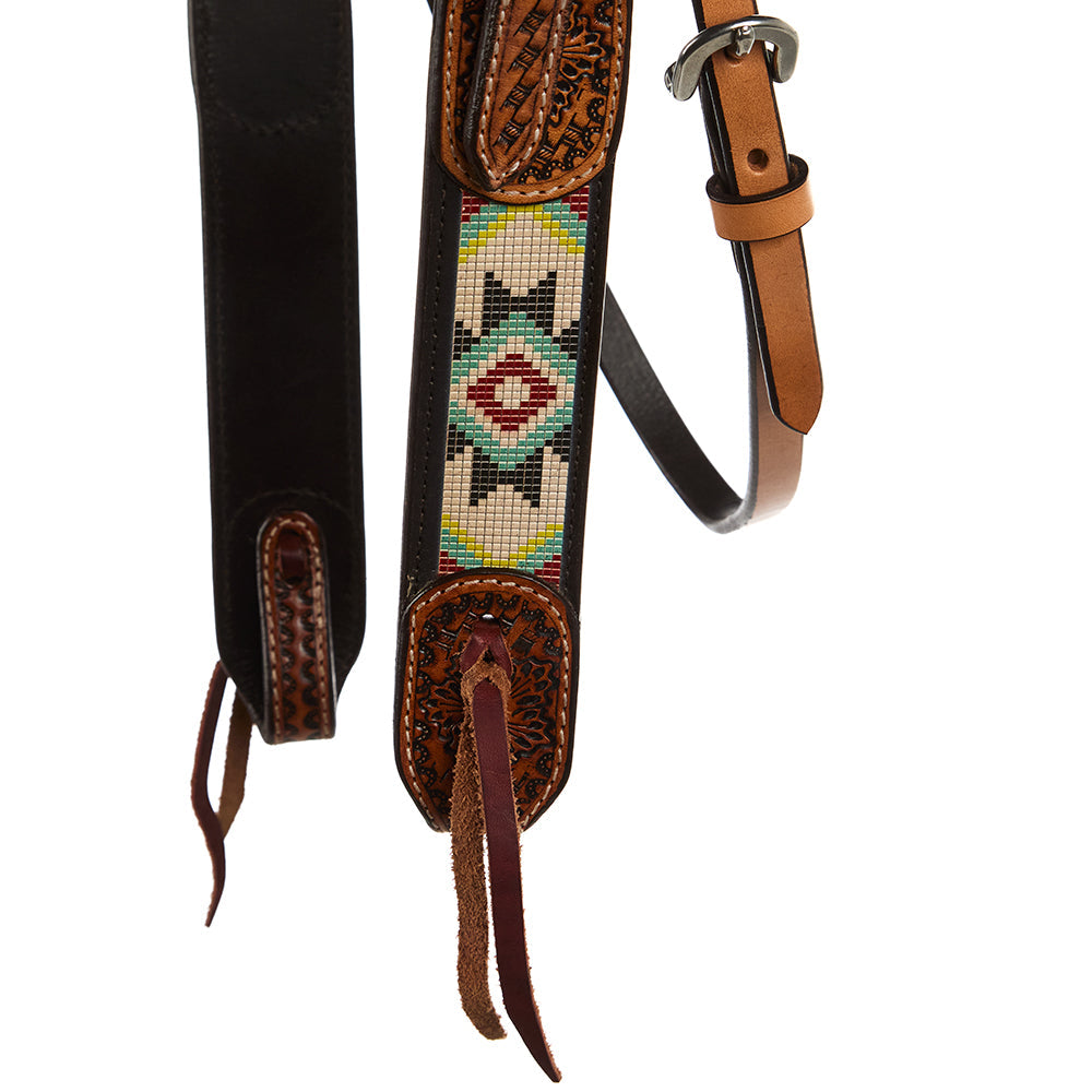 WD-SBH3 Turquoise Rust Embossed Beadwork Browband Headstall Mayatex, beaded panel on leather on Tampa Home & Garden Store