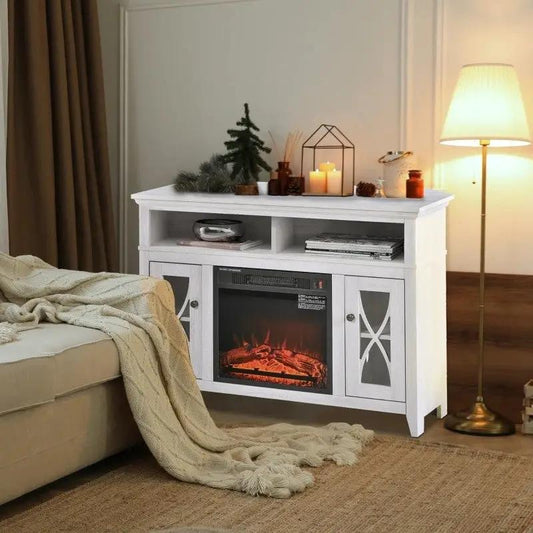 Rustic White Electric Fireplace Mantel TV Stand with open shelves and glass-panel cabinets on Tampa Home & Garden Store