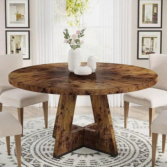 Rustic Brown Round Dining Table for 4 with cross‑pedestal base in wood by HomePacific on Tampa Home & Garden Store