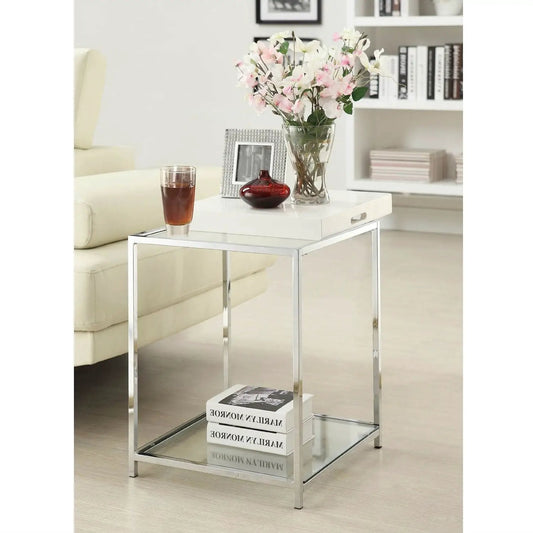 Modern Classic Metal End Table with White Removable Tray, chrome frame, lower glass shelf on Tampa Home & Garden Store