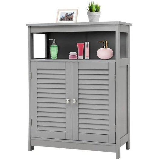 Grey farmhouse linen cabinet with louvered doors for bathroom open top shelf with bath items on Tampa Home & Garden Store