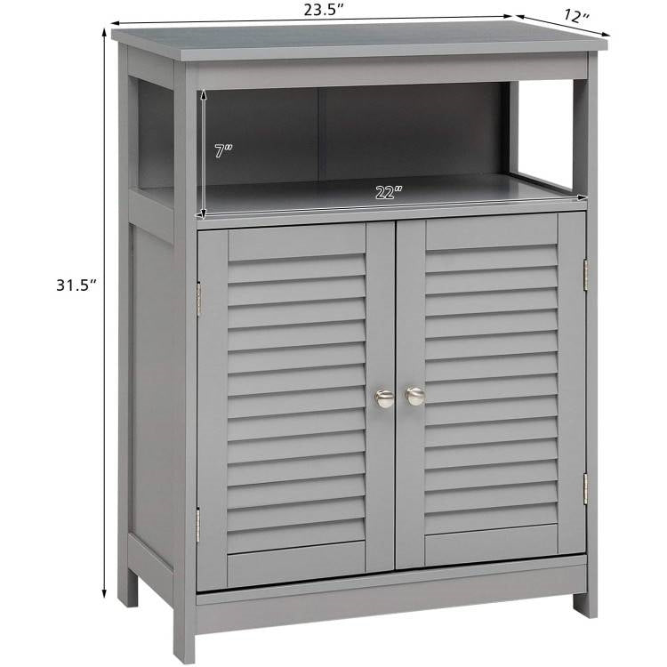 Grey farmhouse linen cabinet with louvered doors and open shelf by HomePacific on Tampa Home & Garden Store