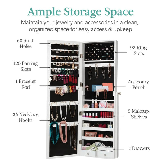 White 2-in-1 mirror and jewelry armoire with black interior and multiple storage slots on Tampa Home & Garden Store