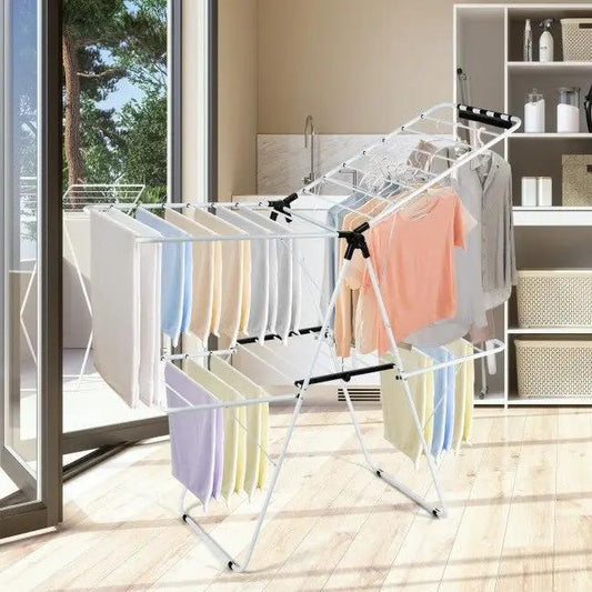 White 2-Level Foldable Clothes Drying Rack by HomePacific, eco-friendly two-tier laundry rack on Tampa Home & Garden Store