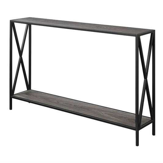 Weathered Grey Wood Console Table With Shelf, black metal frame with cross-brace sides on Tampa Home & Garden Store