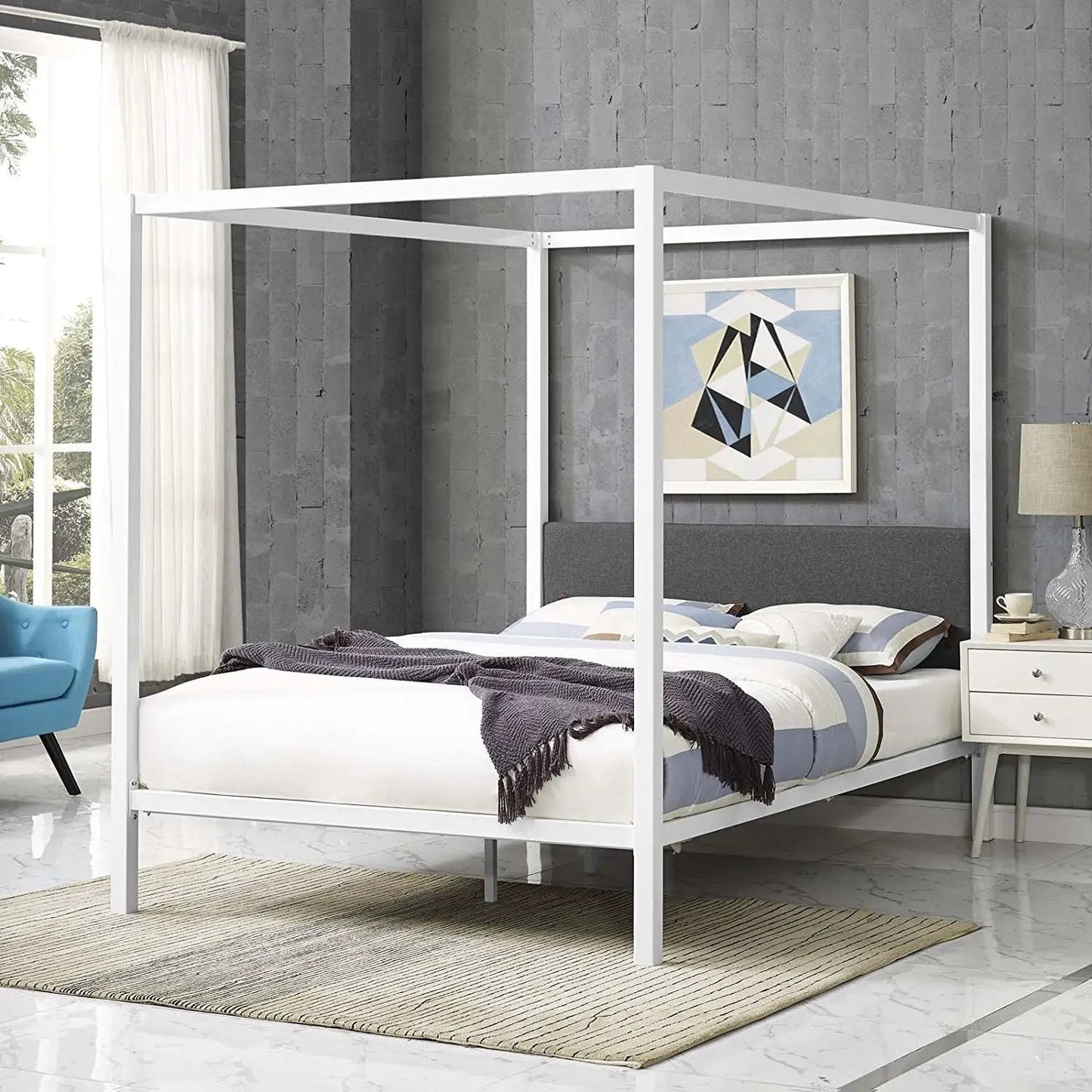 Queen size White Metal Canopy Bed Frame with Grey Fabric Upholstered Headboard - Tampa Home & Garden Store