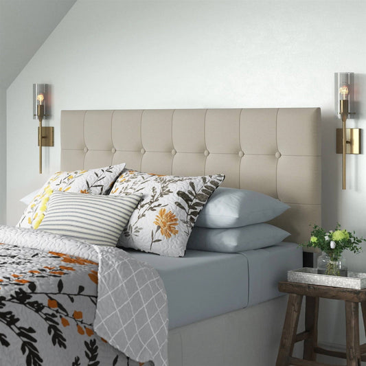 Twin Button-Tufted Headboard in Light Grey Taupe Beige Upholstered Fabric - Tampa Home & Garden Store