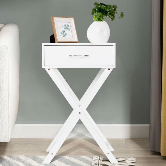 X-Shape 1 Drawer Nightstand End Side Table Storage in White - Tampa Home & Garden Store