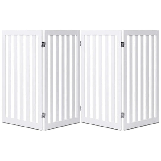 Folding 4-panel dog gate in white wood finish with vertical slats on Tampa Home & Garden Store