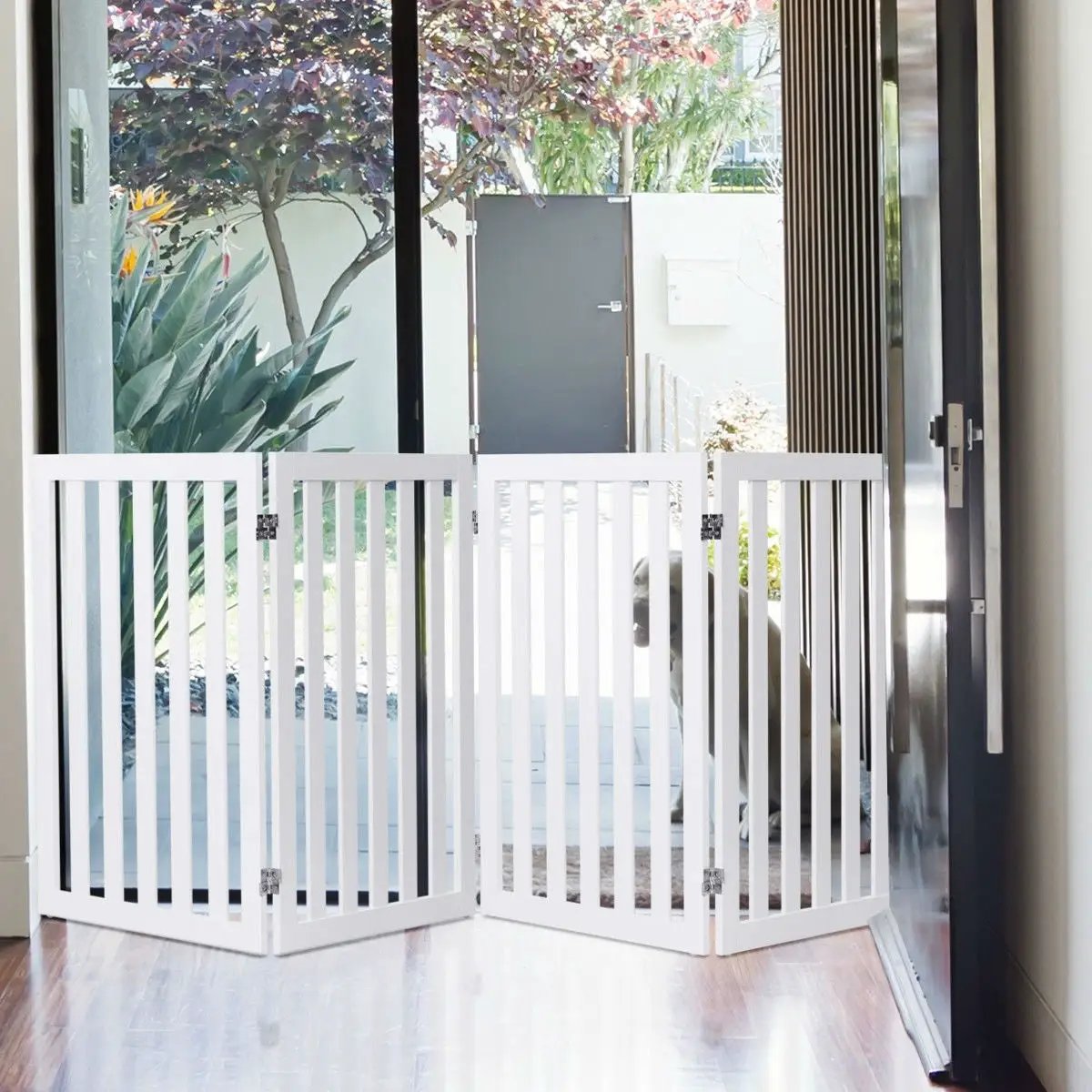 Folding 4-Panel Dog Gate Pet Fence in White Wood Finish - Tampa Home & Garden Store
