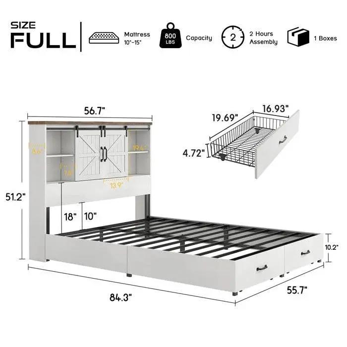 Full White Farmhouse Platform Bed with Bookcase Headboard and Storage Drawers - Tampa Home & Garden Store