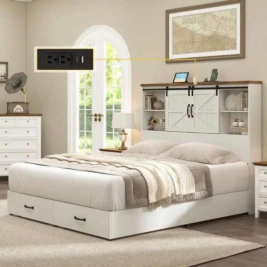 Queen Farmhouse Platform Bed with Bookcase Headboard and Under-bed Drawers, white on Tampa Home & Garden Store