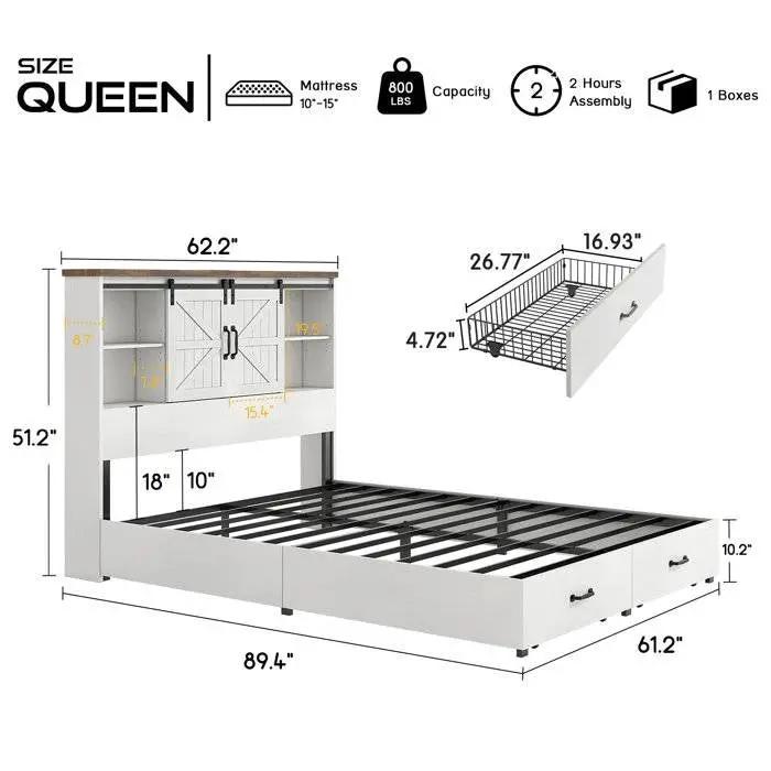 Queen White Farmhouse Platform Bed with Bookcase Headboard and Storage Drawers - Tampa Home & Garden Store