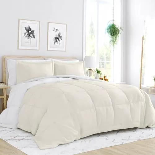 King Cal King Microfiber Reversible Comforter Set in cream with white accents, 3-piece on Tampa Home & Garden Store
