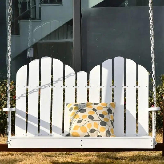 White solid wood two-seater hanging porch swing with leaf-pattern cushion on Tampa Home & Garden Store