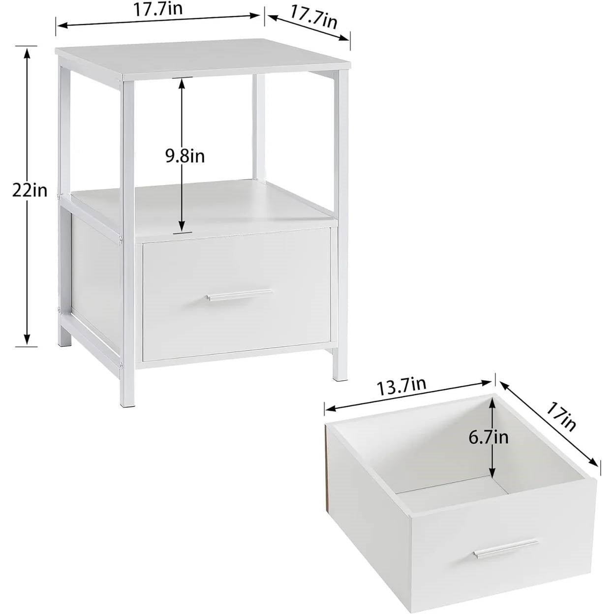 Juego de 2 - Mesa Auxiliar de Noche Moderna Blanca de Metal y Madera con Cajón de Almacenamiento