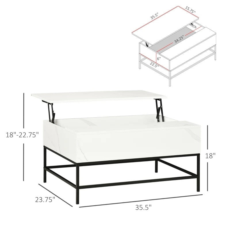 Mesa de centro moderna blanca con superficie elevable, almacenaje oculto y patas de metal negro
