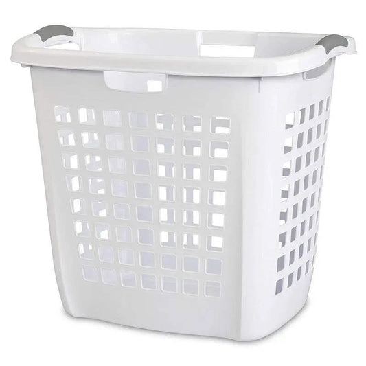 Set of 4 white plastic laundry hampers with grid sides and handles on Tampa Home & Garden Store