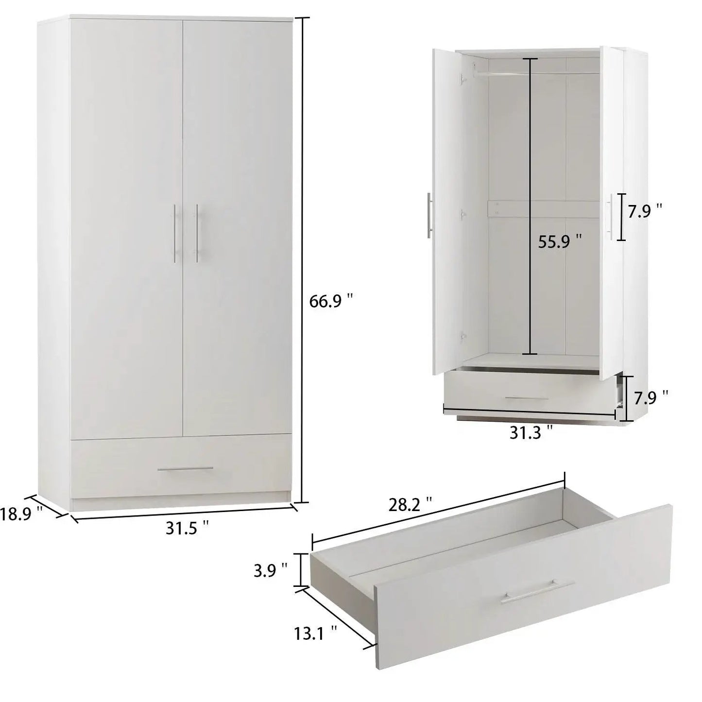 Modern Armoire Wardrobe Closet Cabinet with Storage Drawer in White Wood Finish - Tampa Home & Garden Store
