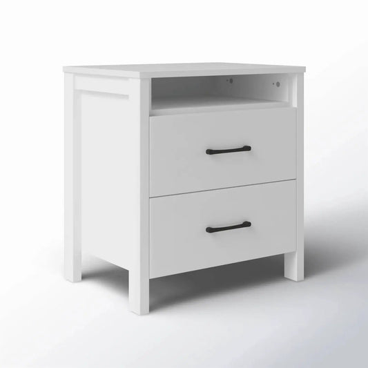 Modern white wood nightstand with open shelf and two drawers, HomePacific on Tampa Home & Garden Store