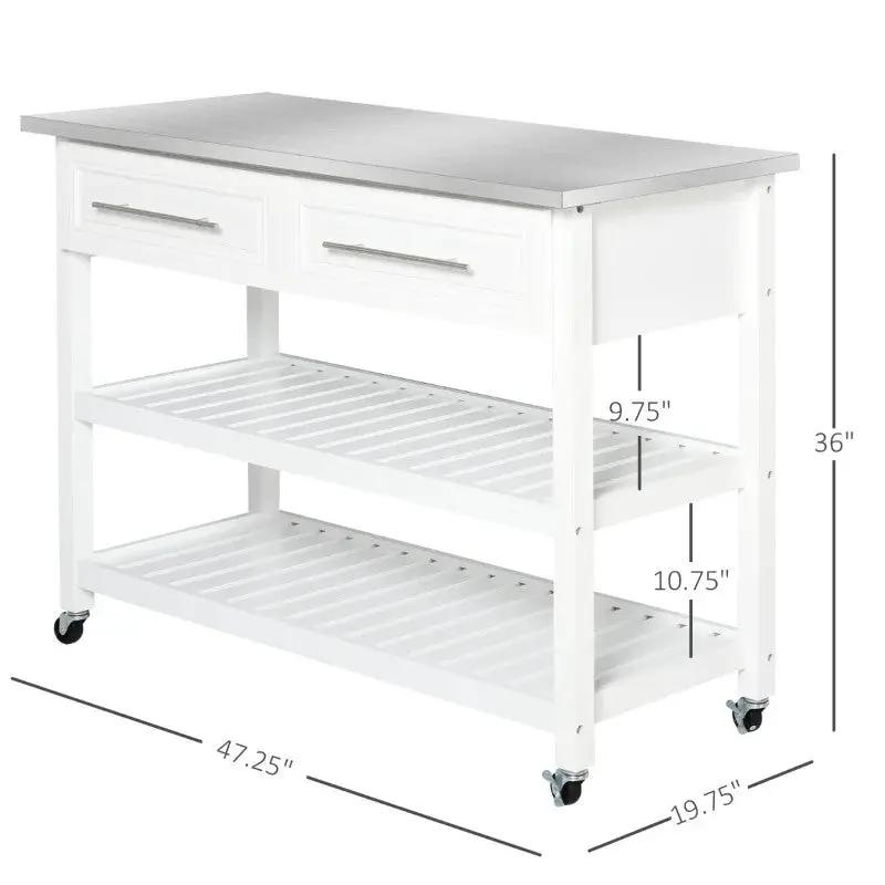 White rolling kitchen island with stainless top, 2 drawers and 2 lower shelves on casters on Tampa Home & Garden Store
