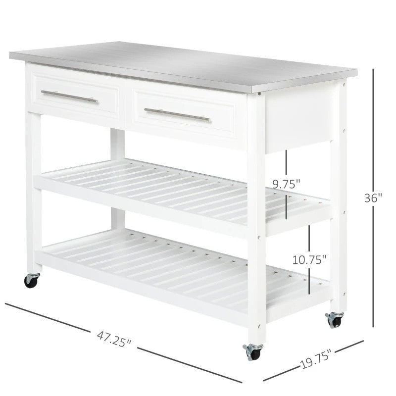 Isla de cocina rodante blanca, 2 cajones de almacenamiento con cubierta de acero inoxidable