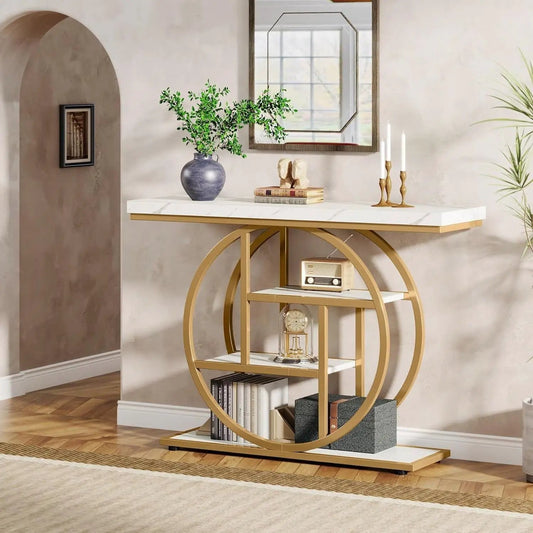 Round gold frame console table with white faux marble top and built-in shelves on Tampa Home & Garden Store