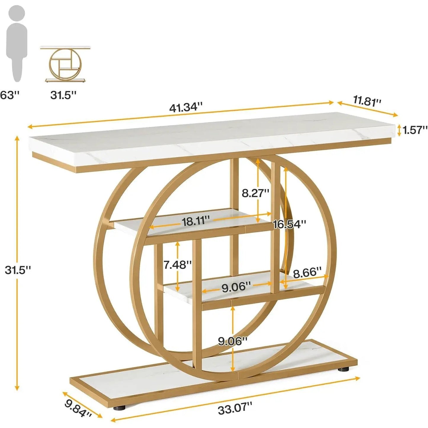 Modern Round Gold Metal Frame Foyer Console Table with White Faux Marble Shelves - Tampa Home & Garden Store