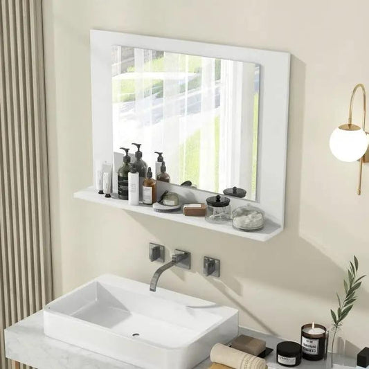 Rectangular bathroom mirror with white frame and storage shelf above a white vessel sink on Tampa Home & Garden Store