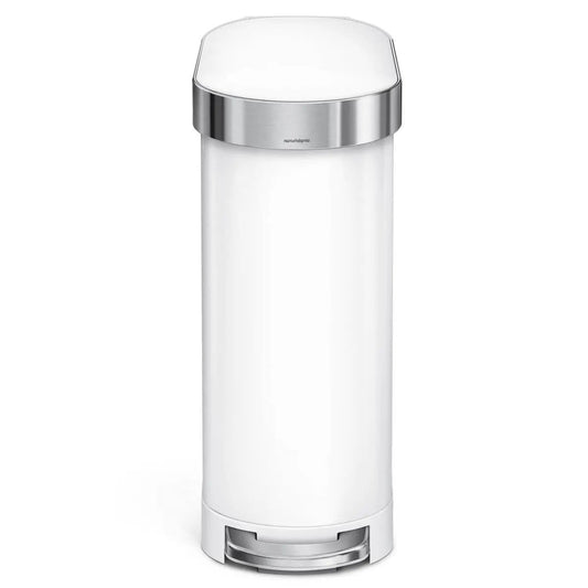 White 12-Gallon Narrow Trash Can with Step-On Lid by HomePacific, cylindrical can with chrome band on Tampa Home & Garden Store