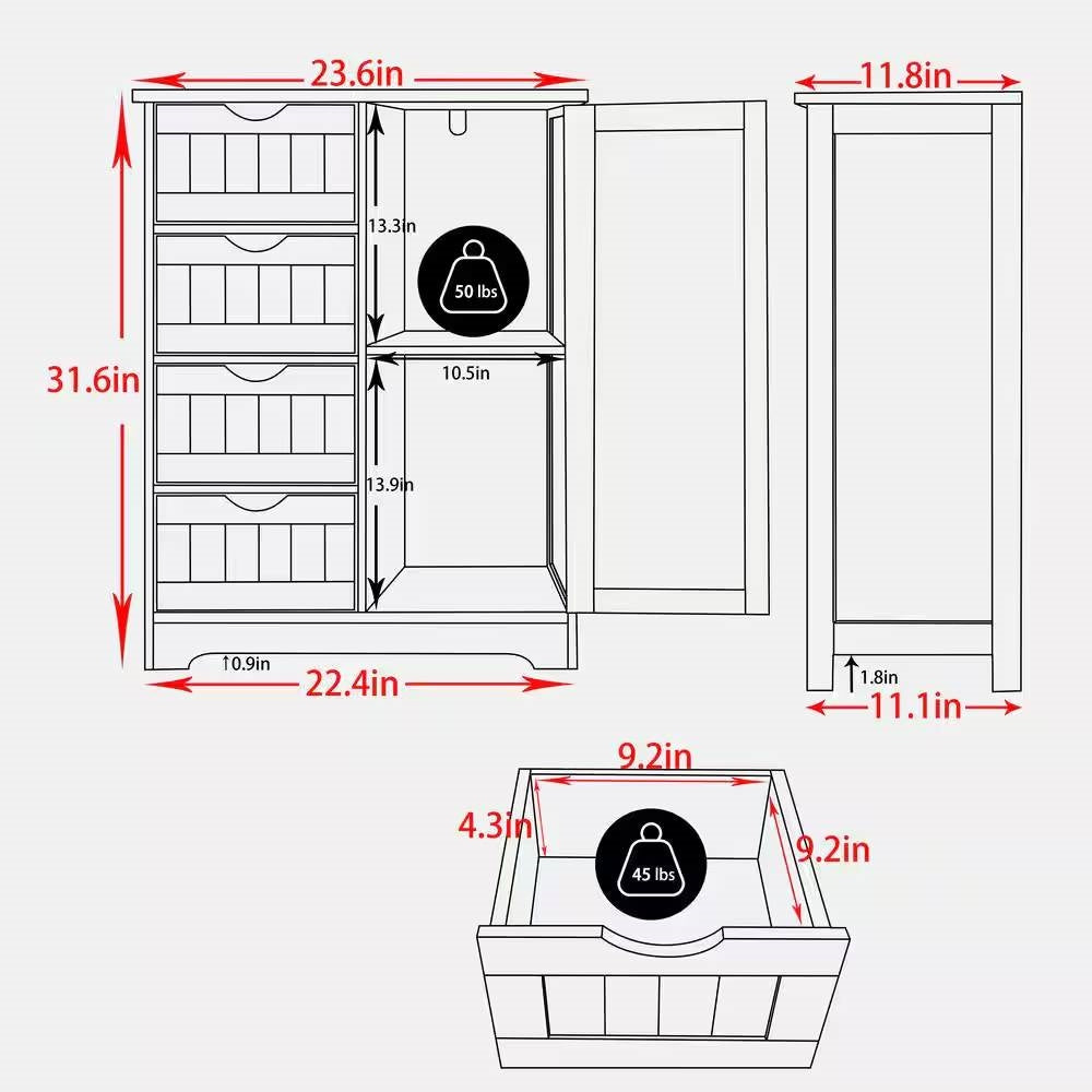 Gabinete de lino de baño con 4 cajones de estilo rústico moderno en acabado de madera blanca