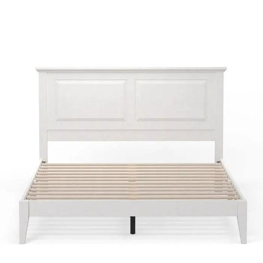 Queen solid oak platform bed with white paneled headboard and slatted foundation on Tampa Home & Garden Store