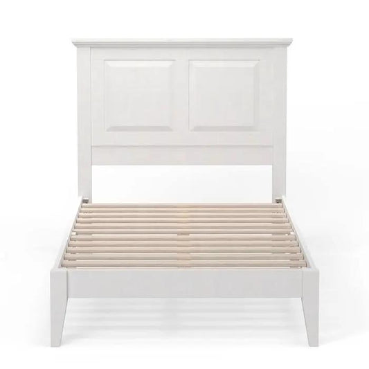 Twin solid oak platform bed with white headboard and natural wood slats on Tampa Home & Garden Store