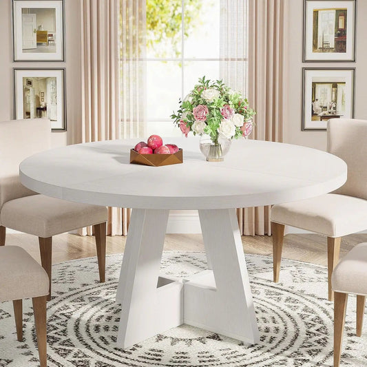 Modern Round Dining Table in White Wood Finish with Pedestal Base, beige chairs on Tampa Home & Garden Store