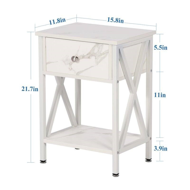 Juego de 2 - Mesa de noche rústica estilo casa de campo con 1 cajón en color blanco