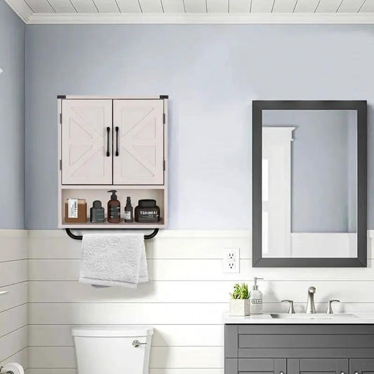 White farmhouse wall cabinet with towel bar by HomePacific, bathroom storage with shelf on Tampa Home & Garden Store