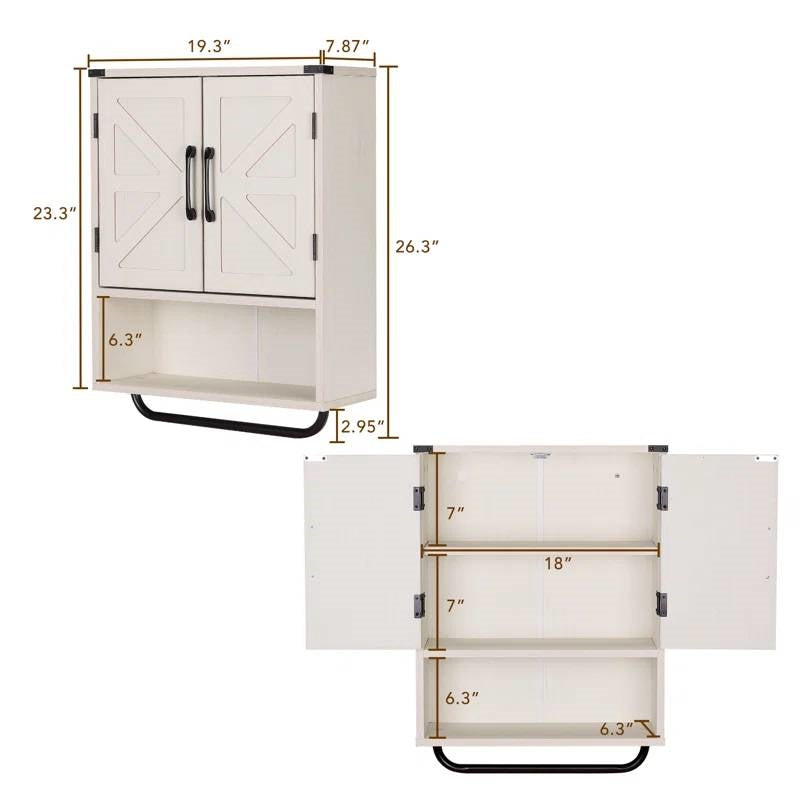 Mueble de pared de baño blanco tipo granja con estante de almacenamiento y toallero