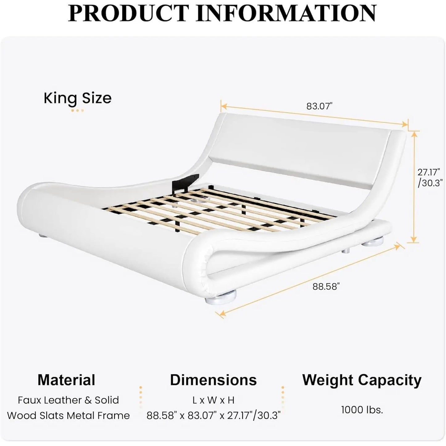 King Modern White Upholstered Platform Bed Frame with Sleigh Curved Headboard - Tampa Home & Garden Store