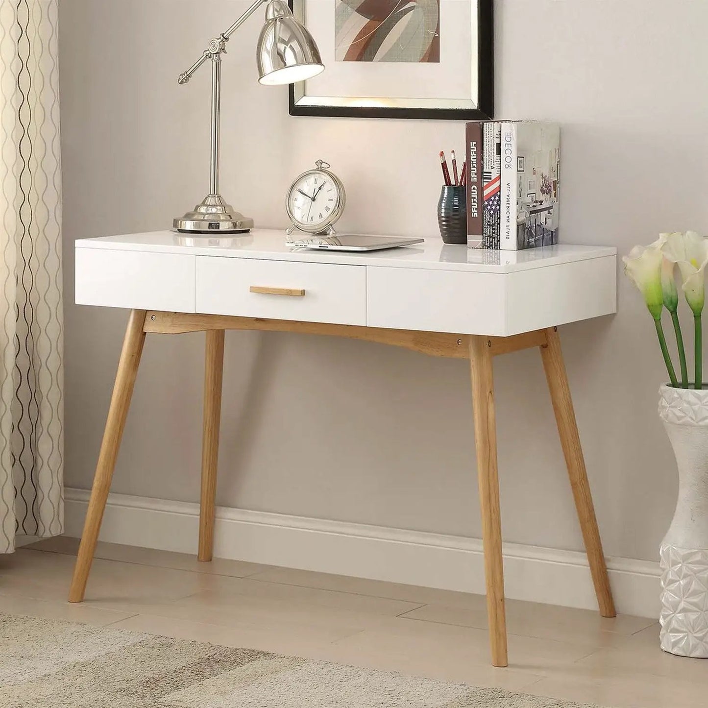 Modern Laptop Writing Desk in White with Natural Mid-Century Style Legs - Tampa Home & Garden Store