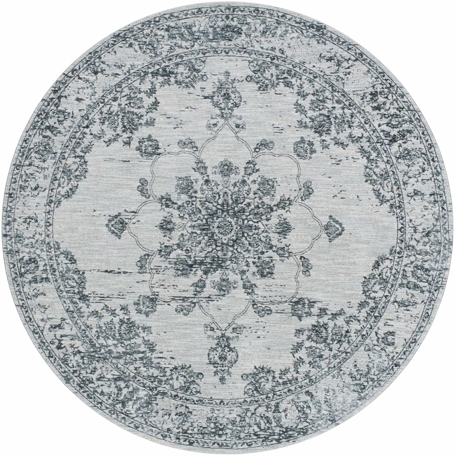 Wandina Traditional Luxe Polyester Rug, round gray-blue distressed pattern, Boutique Rugs on Tampa Home & Garden Store