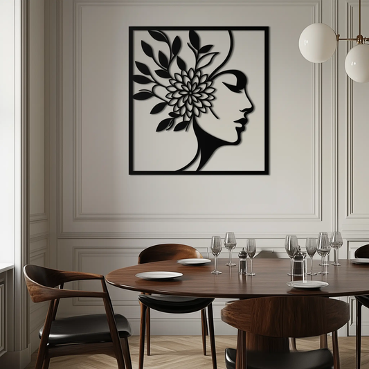 Woman with Flower modern metal wall art silhouette, black framed decor by Enova Art on Tampa Home & Garden Store