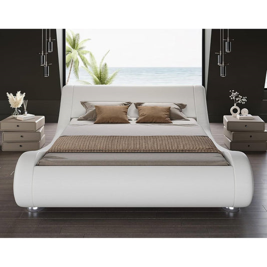 Queen Modern White Upholstered Platform Bed Frame with Sleigh Curved Headboard - Tampa Home & Garden Store