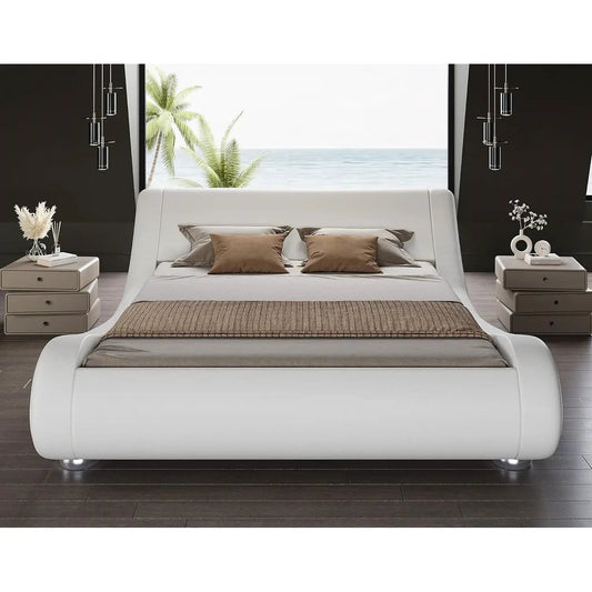 Queen Upholstered Platform Bed Frame in white with curved headboard and two nightstands on Tampa Home & Garden Store