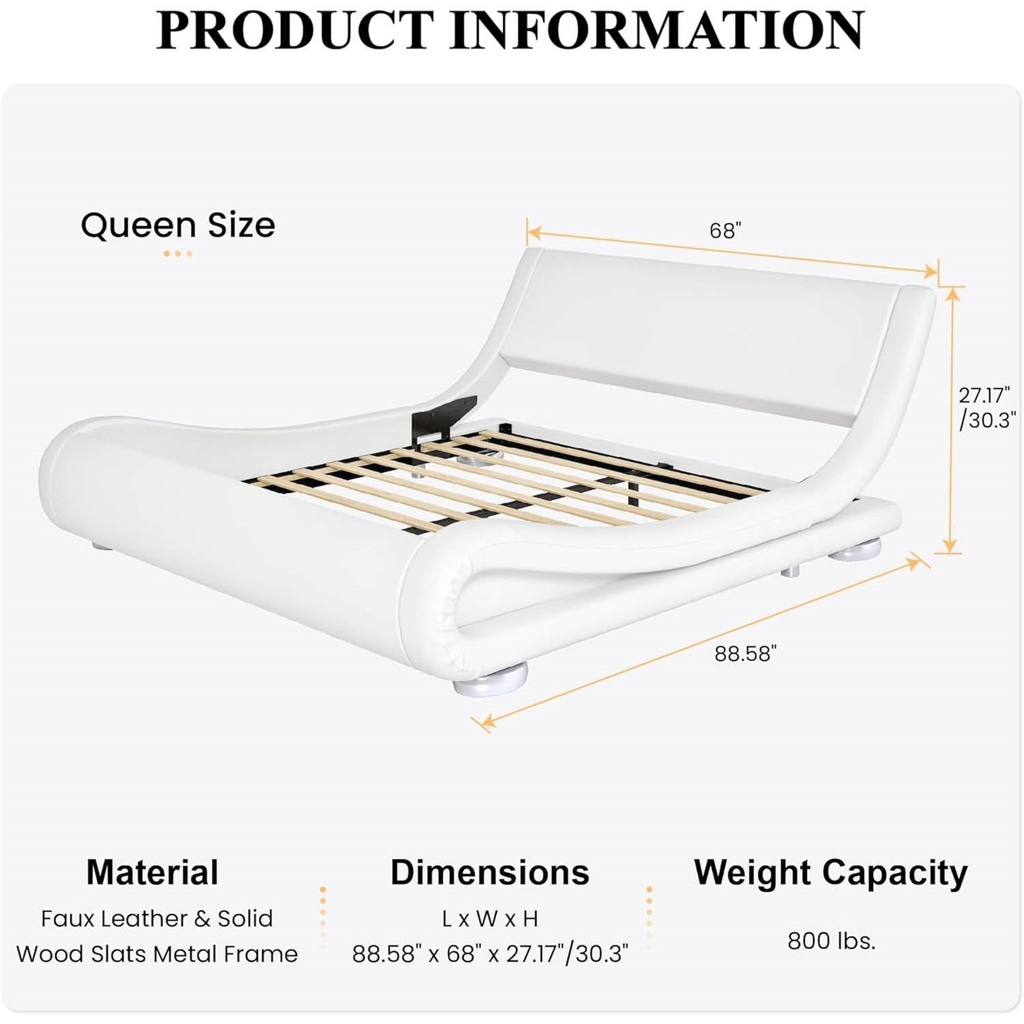 Base de cama tapizada Queen moderna blanca con cabecera curva estilo trineo