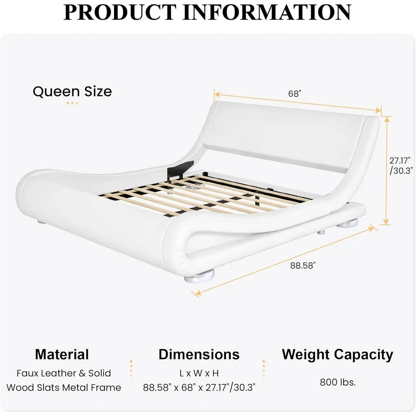 Queen Modern White Upholstered Platform Bed Frame with Sleigh Curved Headboard - Tampa Home & Garden Store