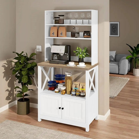 White modern farmhouse baker rack with wood top and shelves for glassware and coffee station on Tampa Home & Garden Store