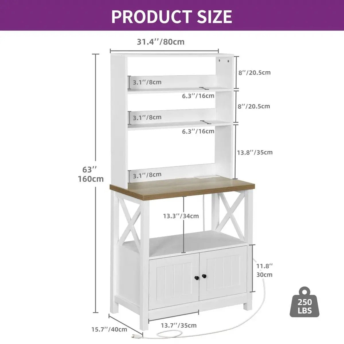 White modern farmhouse baker rack with shelves, wood top and cabinet by HomePacific on Tampa Home & Garden Store