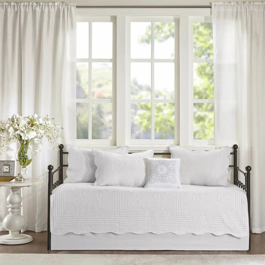 Farmhouse White Daybed Cover with Scalloped Edges, 6-Piece Quilted Bedding Set on Tampa Home & Garden Store