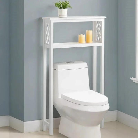 White solid wood over-the-toilet storage rack with two shelves and lattice side panels on Tampa Home & Garden Store