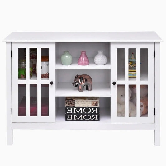 White wood console with tempered glass panel doors on both ends and open center shelf with vases on Tampa Home & Garden Store